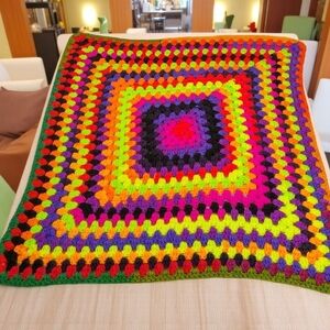Colorful Afghan Crochet Lap Blanket Handmade 25” Square Funkadelic Granny
